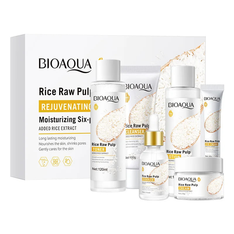 6pcs/set BIOAQUA Rice Raw Pulp Skin Care Sets Face Cream Serum Firming Moisturizing Facial Cleanser Toner Korean Face Care - AdrenalineZone